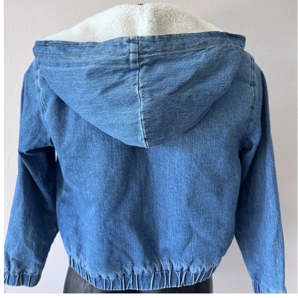Cat & Jack Kids Blue Denim Sherpa Lined Hooded Bomber Jacket XL 14 Full Zip Girl